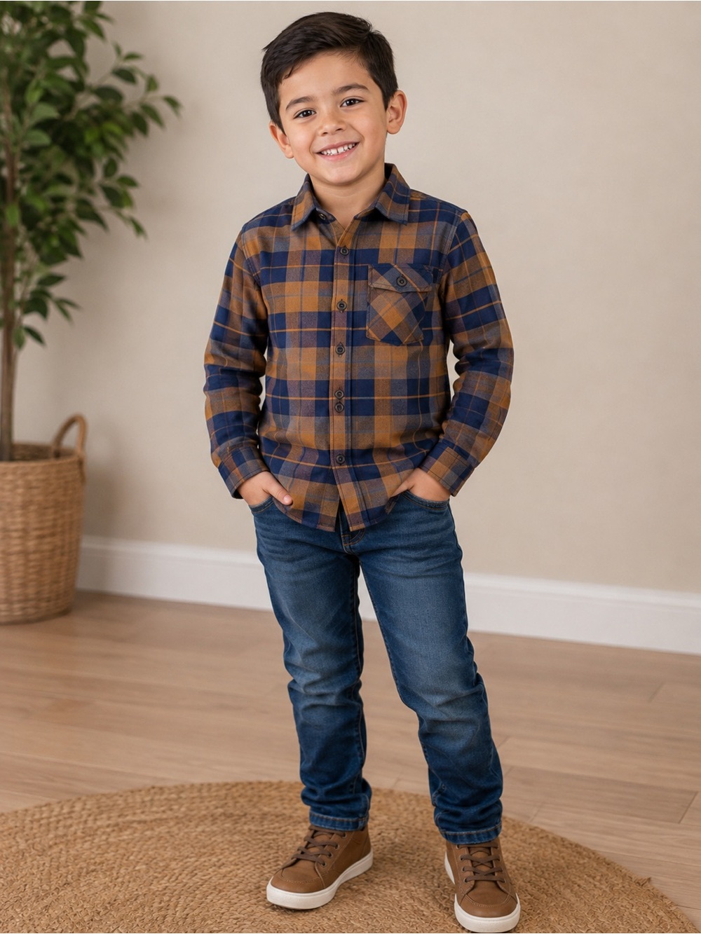 Nomad Boys Plaid Button-Up Shirt in Navy and Brown